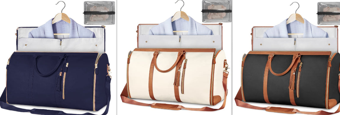 Set of travel duffle bags: navy, white, and dark gray, with hanging shirt organizers