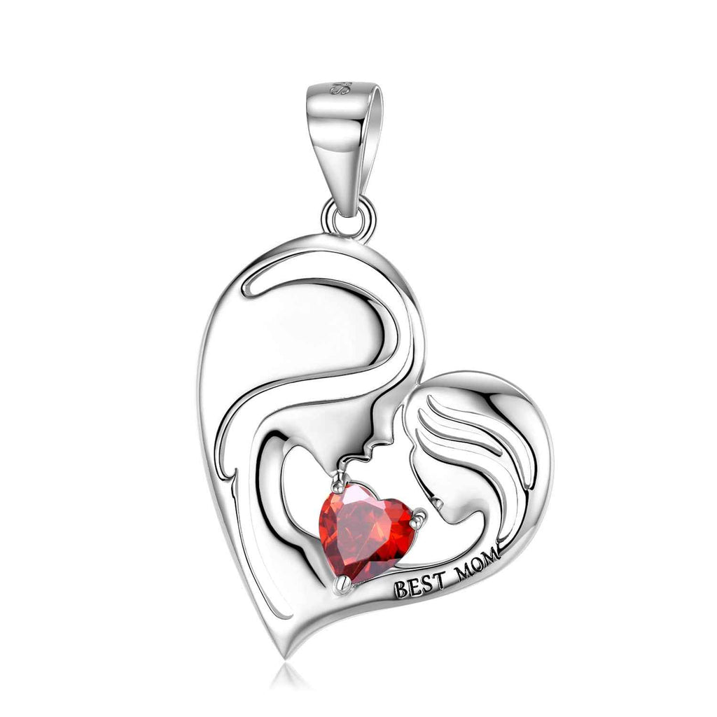 S925 sterling silver heart pendant necklace with red heart gemstone and Best Mom engraving