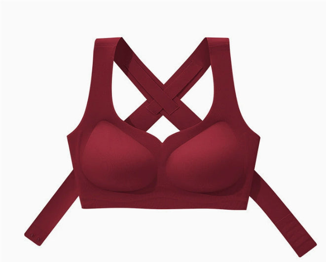 Red front-closure posture bra with crisscross back straps and thicker padded cups