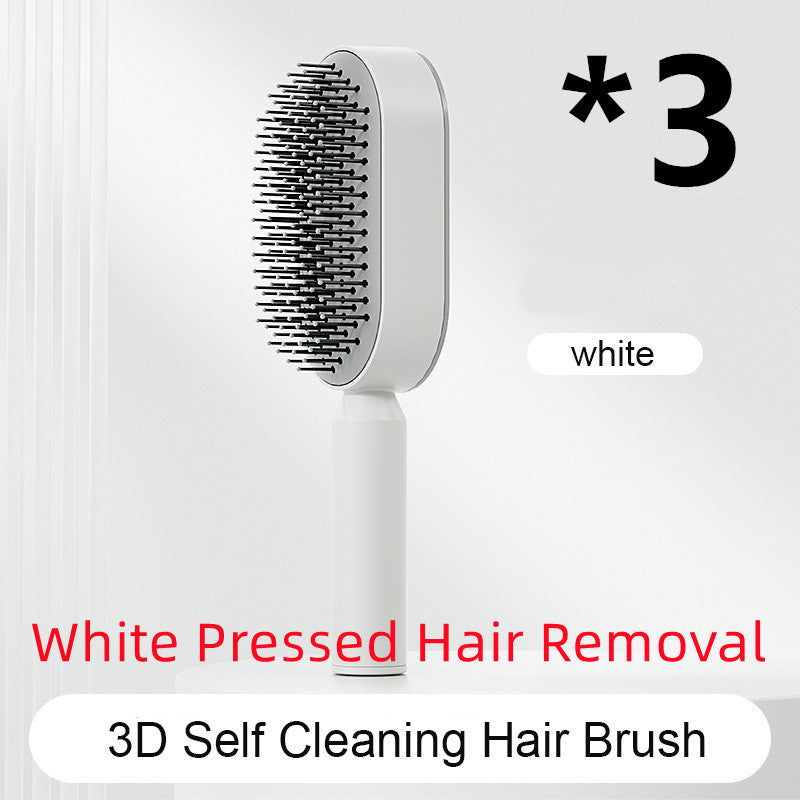Self-cleaning hair brush with white handle, oval head, black bristles