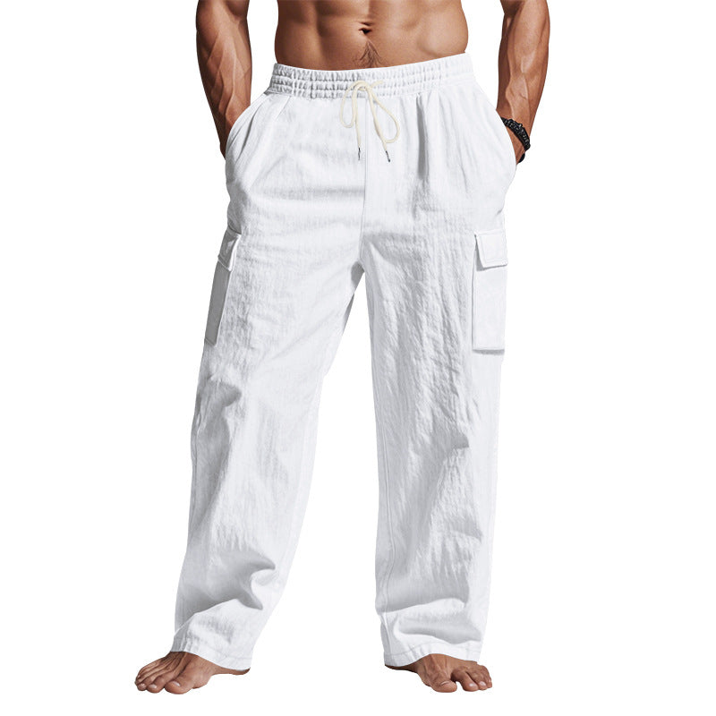 White linen cargo pants with elastic drawstring waist and side leg pockets