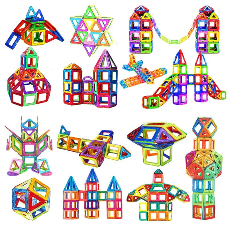 Magnetic building blocks set showing multiple multicolor shapes and assembled builds