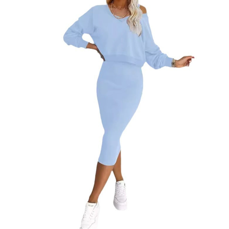 Two-piece midi dress set in light blue, long-sleeve V-neck pullover and fitted sleeveless dress