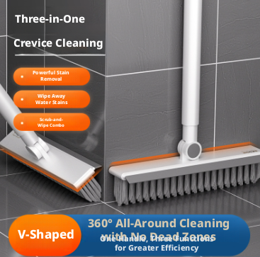Three-in-one floor brush with V-shaped base, white handle, detachable crevice head.