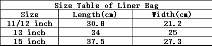 Laptop sleeve size chart showing length and width in inches and cm