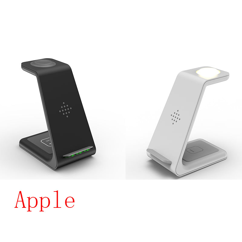 Two wireless phone charger stands, one black and one white, angled for phone viewing