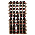 Wood wine rack with front grid bottle slots filled with bottles