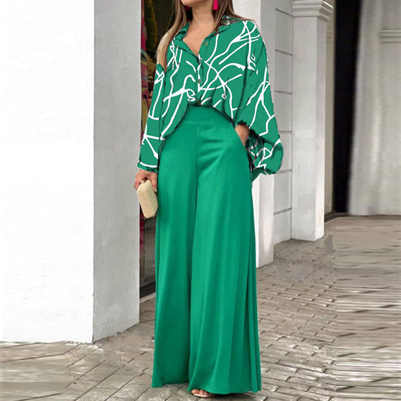 Printed shirt top and wide-leg pants set, green patterned top, dark green wide-leg pants