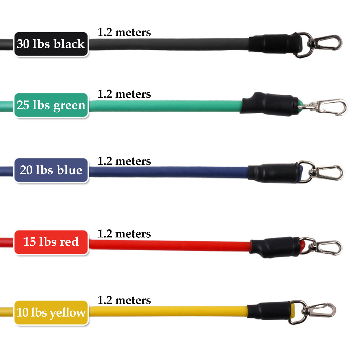Resistance rope bands in black, green, blue, red, and yellow with metal clasps