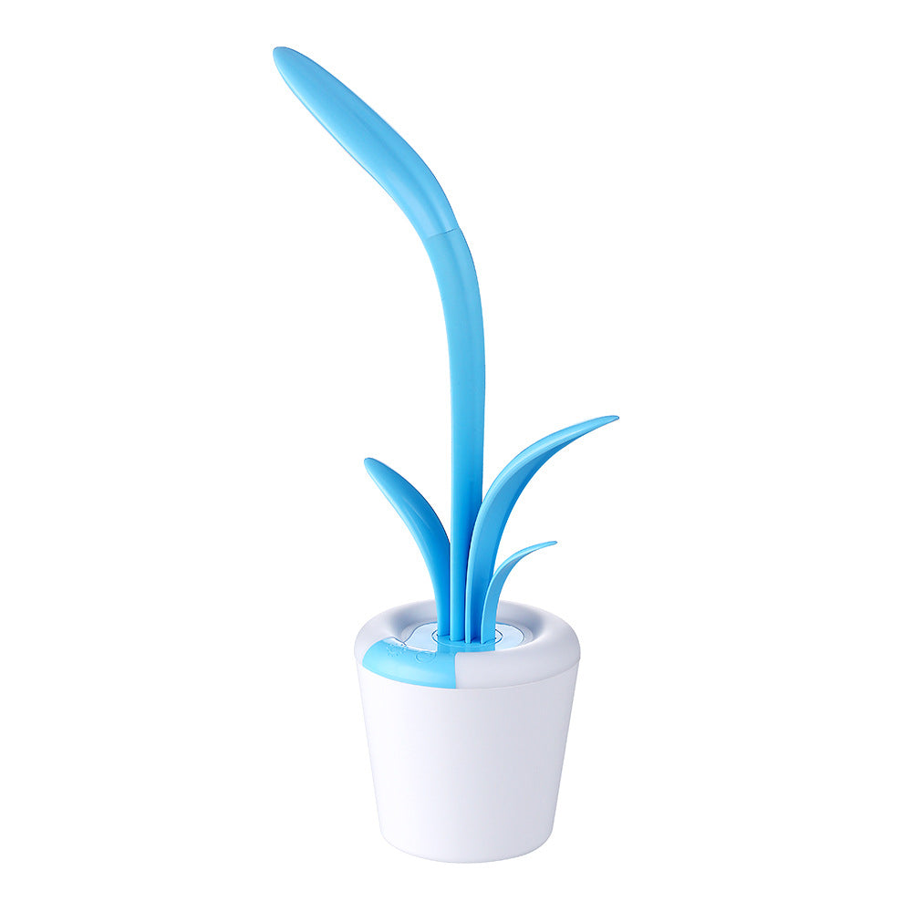 Blue LED desk lamp with tall curved light stem in white base