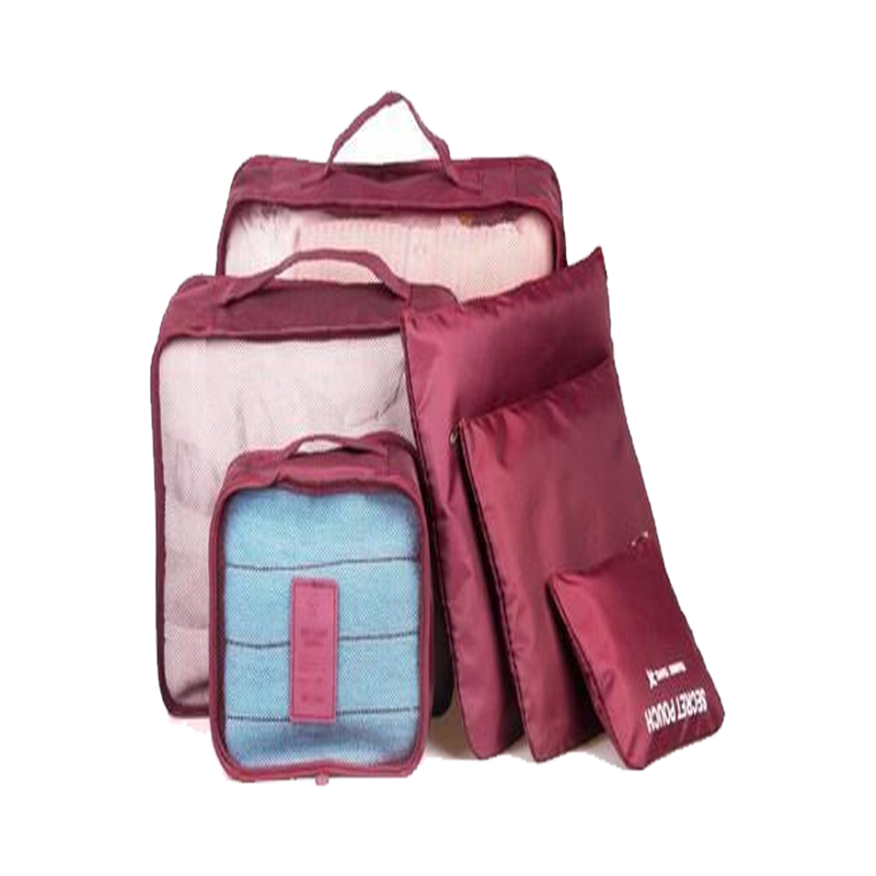 Travel packing cube set in rose red with clear mesh panels and zip pouches
