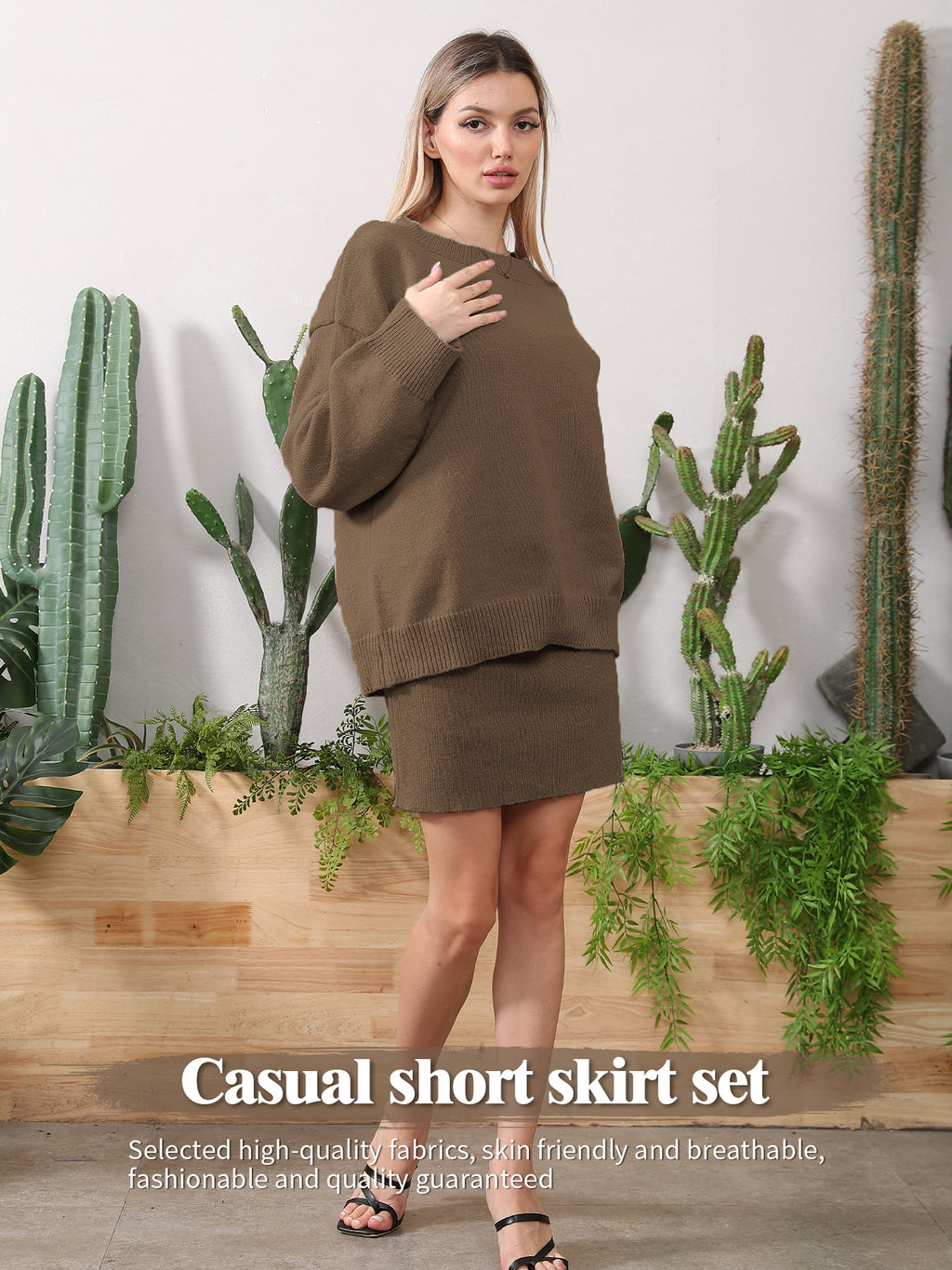 Women's home clothing set, camel-brown knit top with matching short skirt