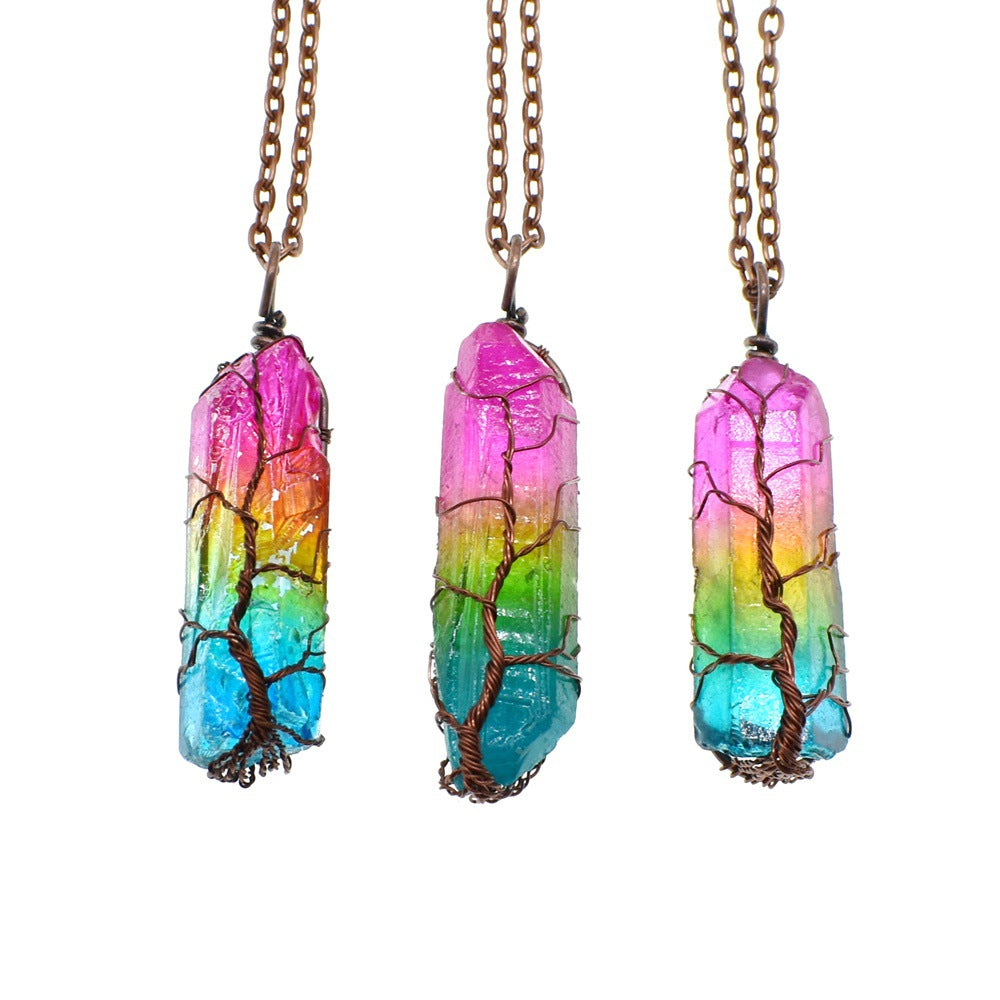 Three rainbow crystal pillar pendant necklaces on copper chain strands