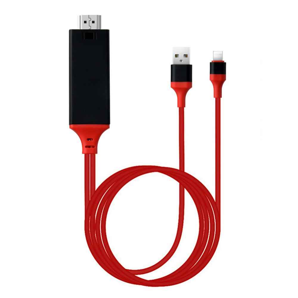 Red mobile phone projection cable with Type-C, USB, and HDMI adapter connectors