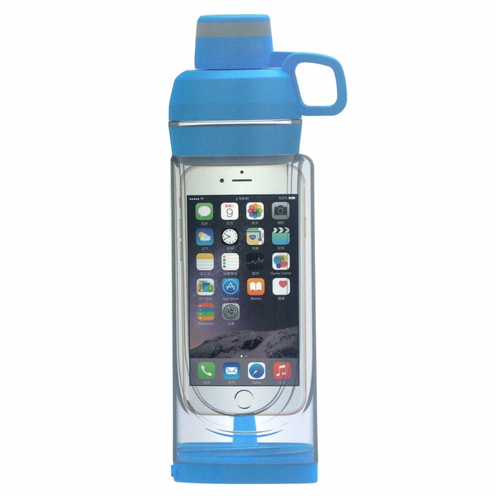Blue waterproof water bottle phone pouch with clear window and carrying handle