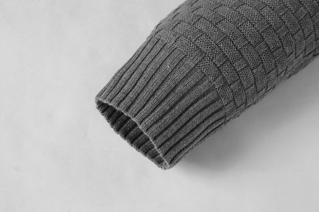 Men's hoodie sweater, gray textured knit, close-up of ribbed sleeve cuff