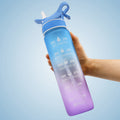 Water bottle with flip straw cover, blue-to-purple gradient, printed hydration schedule.