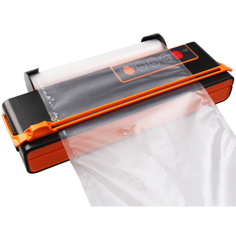 Vacuum sealer packaging machine with orange frame, seal bar, and vacuum bag cover