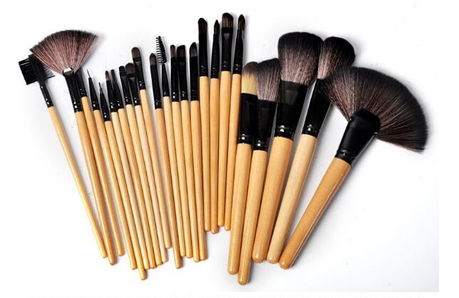 Makeup brush set with many bamboo-handled brushes, black ferrules, soft brush heads
