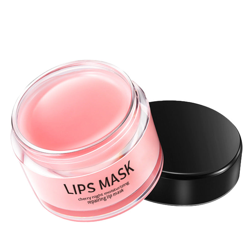 Lips mask jar with pink gel and black lid, with cherry garnish
