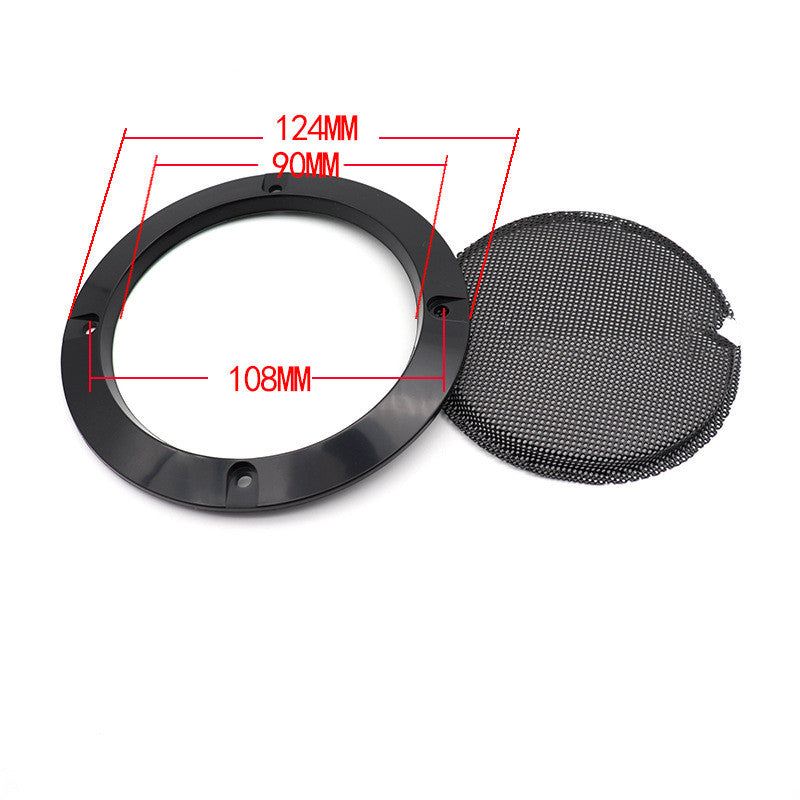 Car speaker grille mask with size diagram; black ring, round mesh cover, 124mm shown.