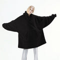 Black fleece hooded pullover sweatshirt with large kangaroo pocket and relaxed fit