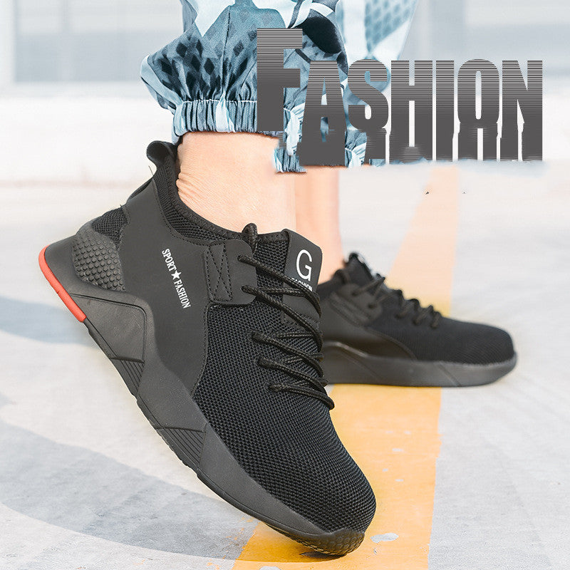 Breathable work safety shoes, black knit upper, lace-up front, cushioned sole