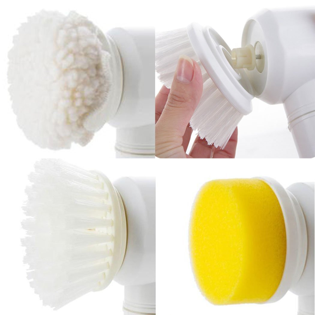 Electric scrub brush with white bristle head and yellow sponge cleaning pad