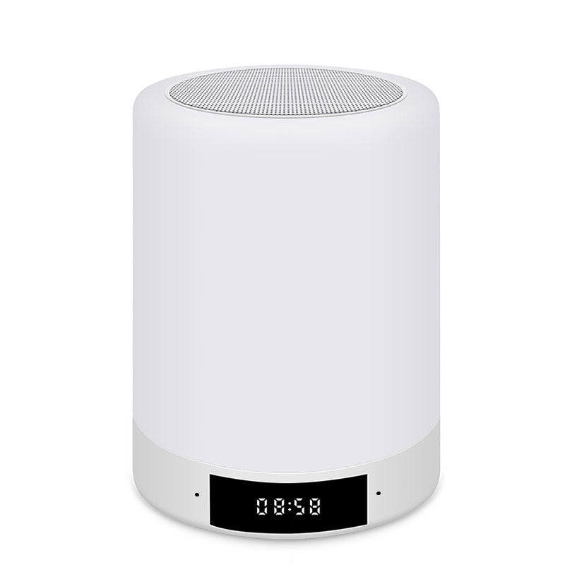 White rechargeable night light speaker with top grille and digital clock display
