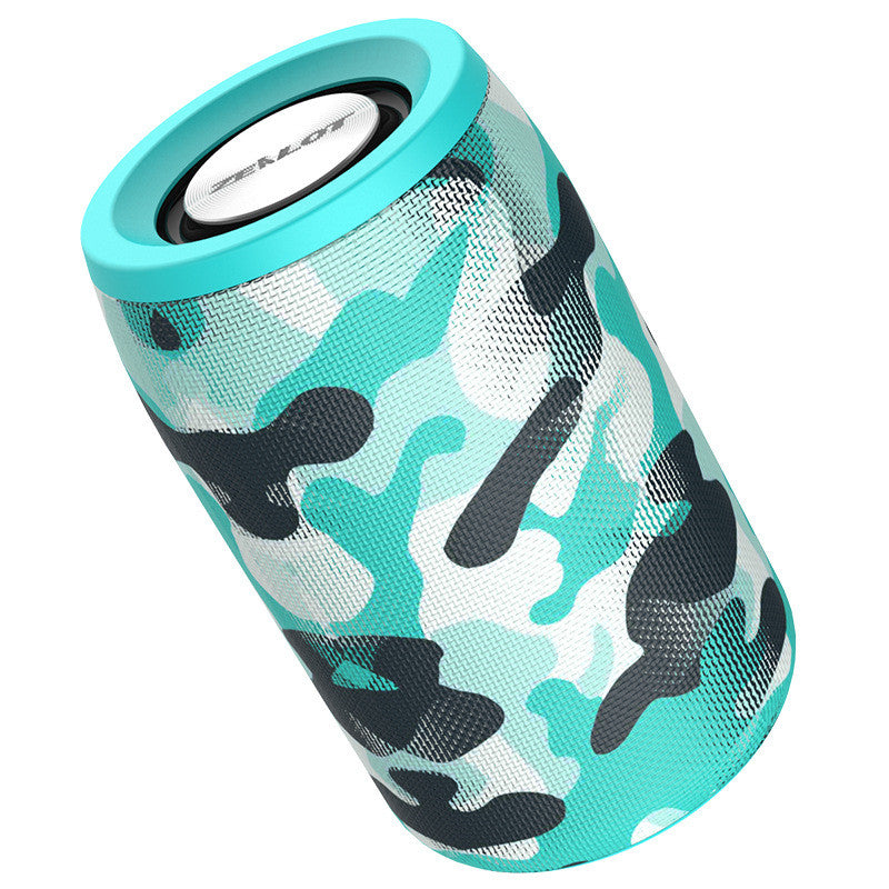 Teal camouflage wireless Bluetooth mini speaker with black and white pattern