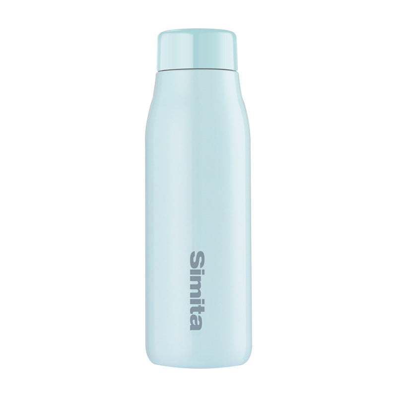 Light blue vacuum flask with temperature display, stainless steel thermos bottle