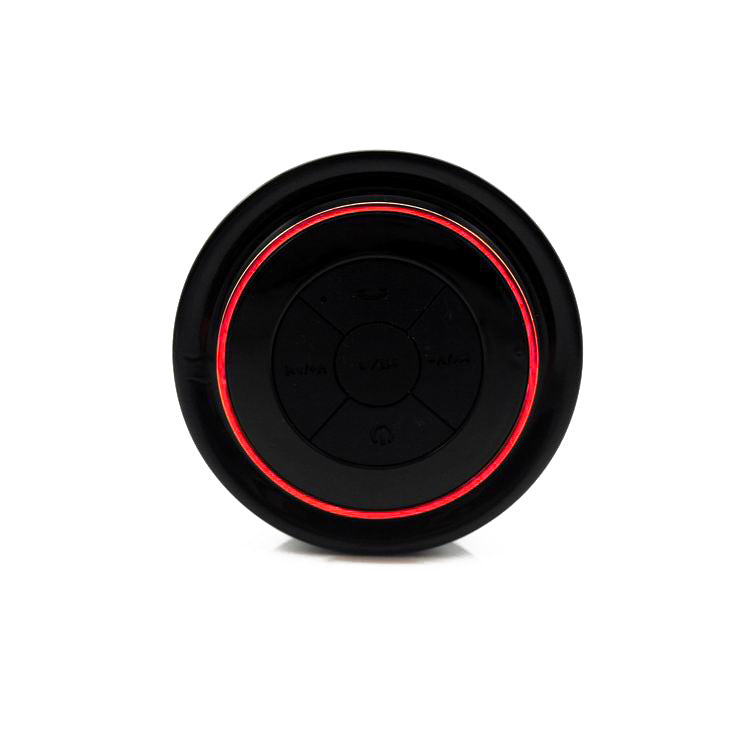 Bluetooth waterproof speaker front with red LED ring and circular control panel
