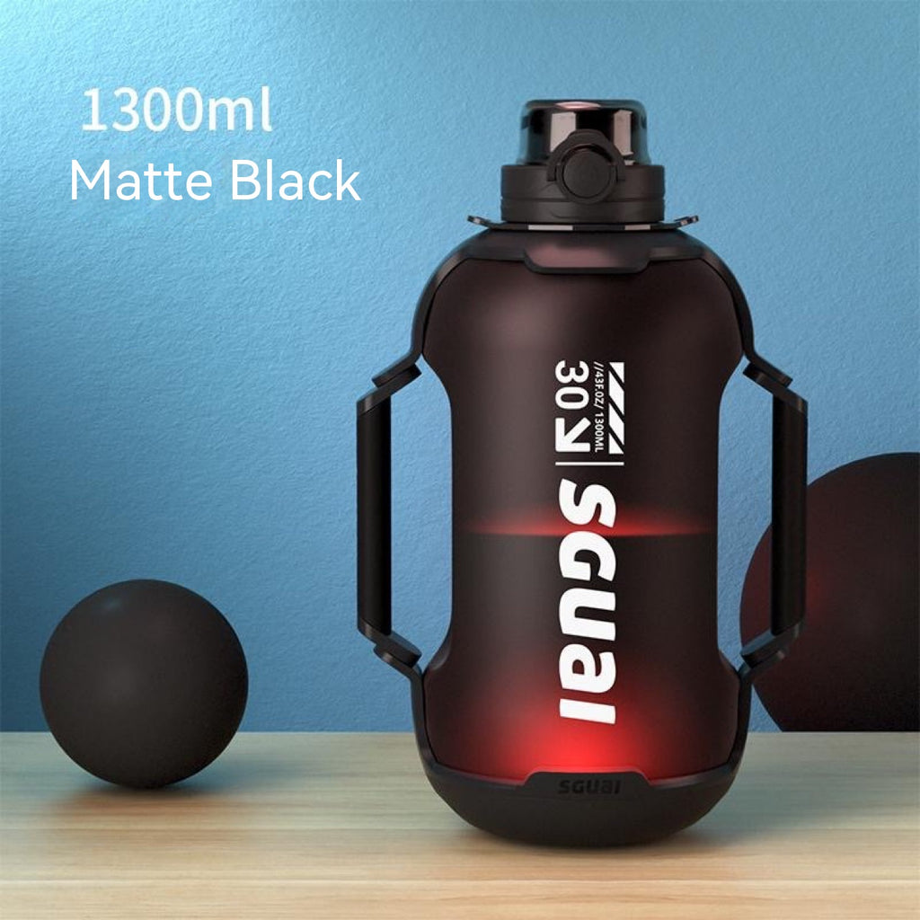 Matte black sports water bottle, 1300 ml, front view with flip-top cap