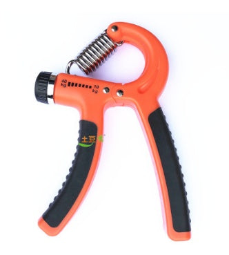 Finger exerciser hand grip with orange body, black handles, and adjustable tension dial