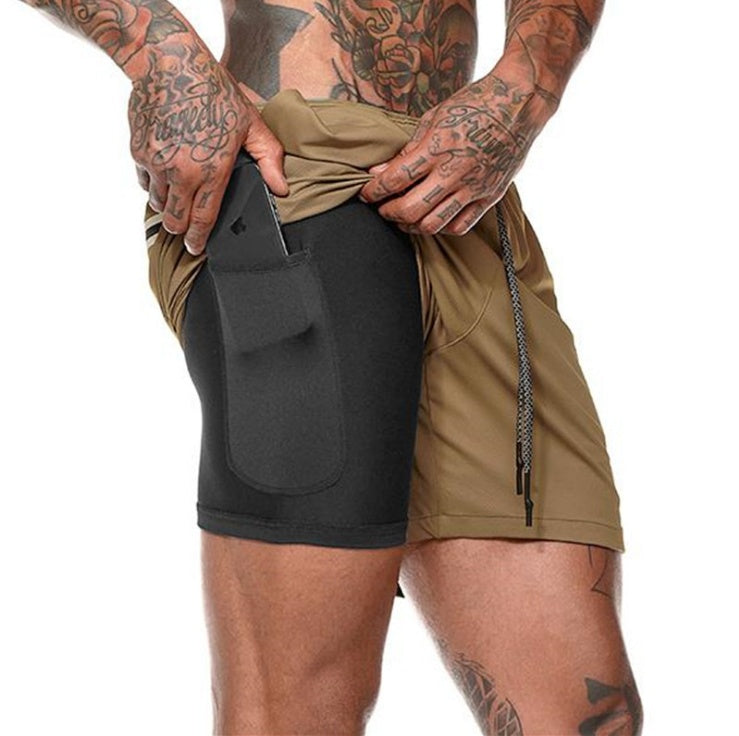 Compression shorts with phone pocket, tan with black pocket panel, elastic waistband