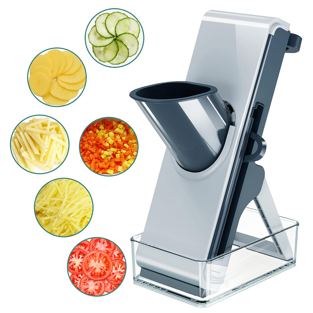 Mandoline vegetable slicer with adjustable guard and stainless base tray, dark funnel chute