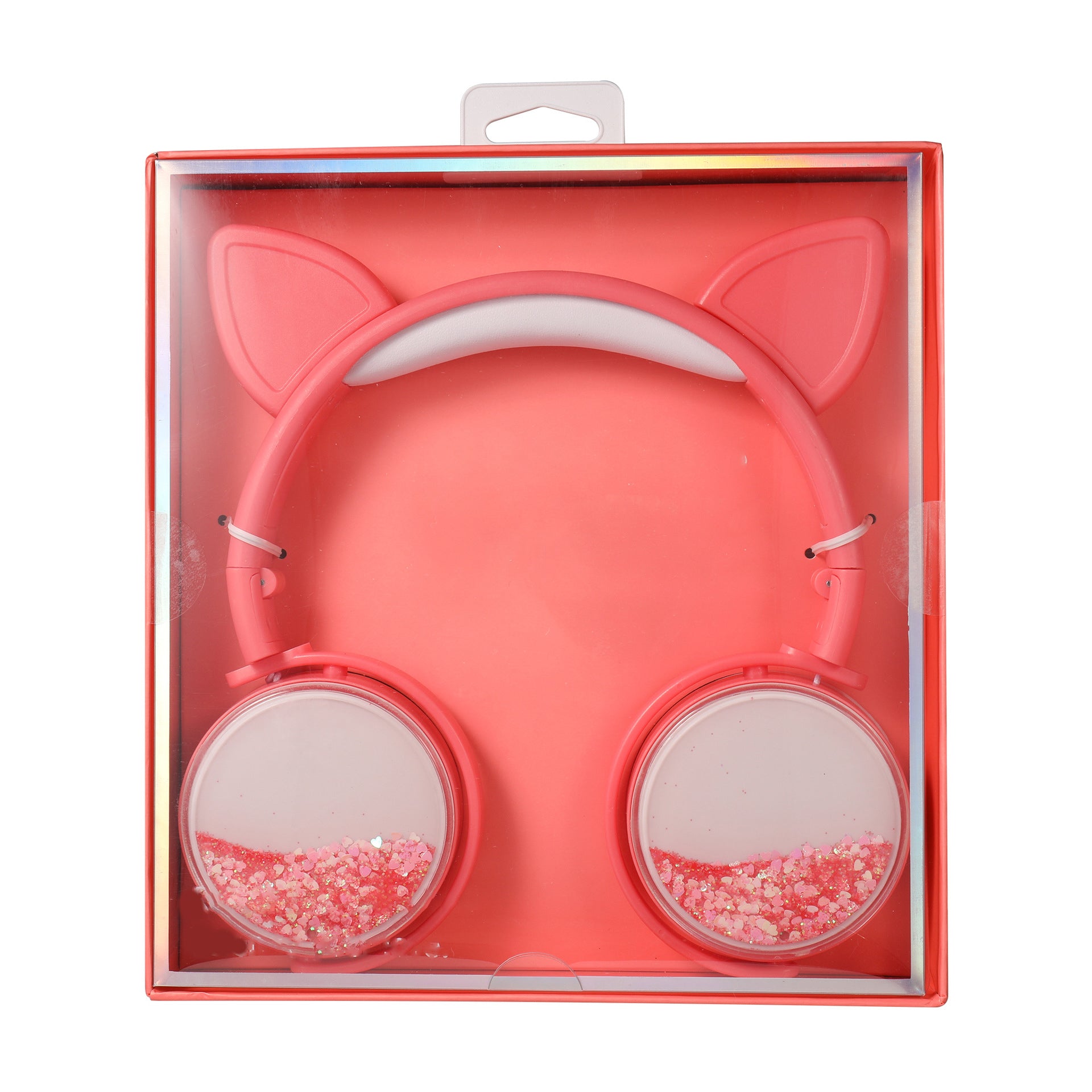 Pink cat-ear headphones with sparkling glitter ear cups, shown in a retail box