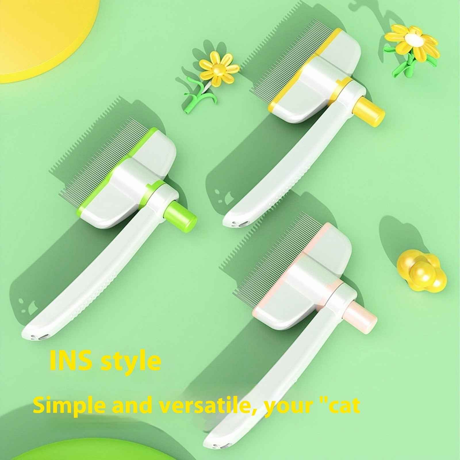 Set of pet grooming comb brushes with rotating heads, white bodies and colored pin sections