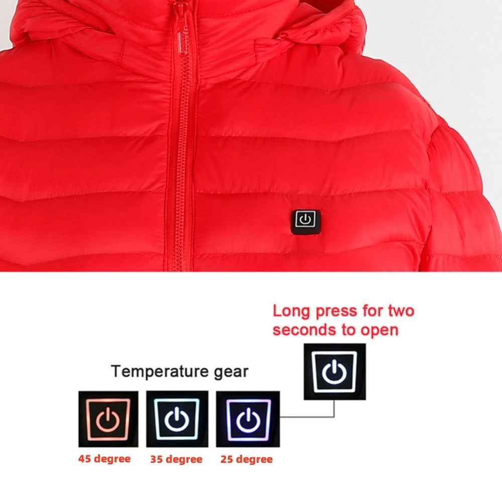 Red hooded zip-up puffer heated jacket, front zipper centered with logo badge.