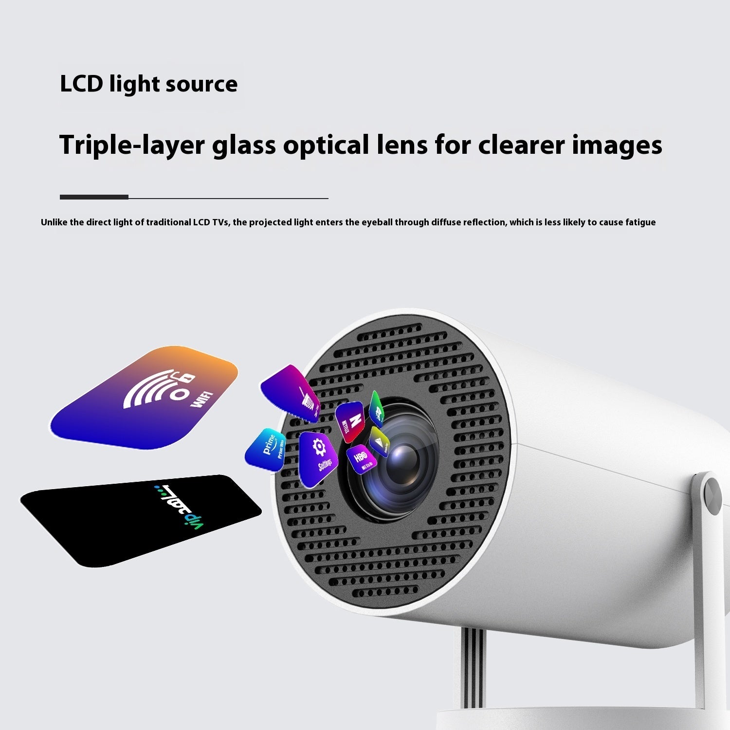 White portable projector with front lens grille and wireless app connection icons