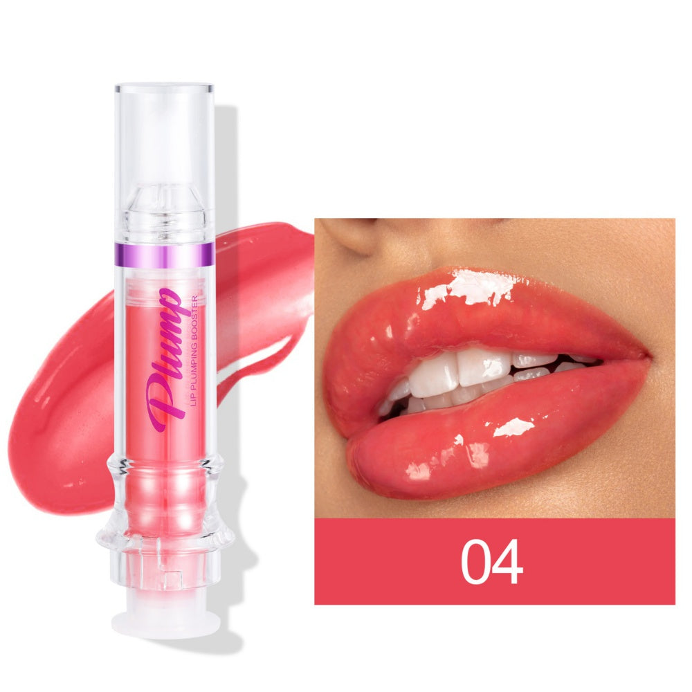 Lip plumping booster lip gloss tube with applicator and lip swatch, shade 04
