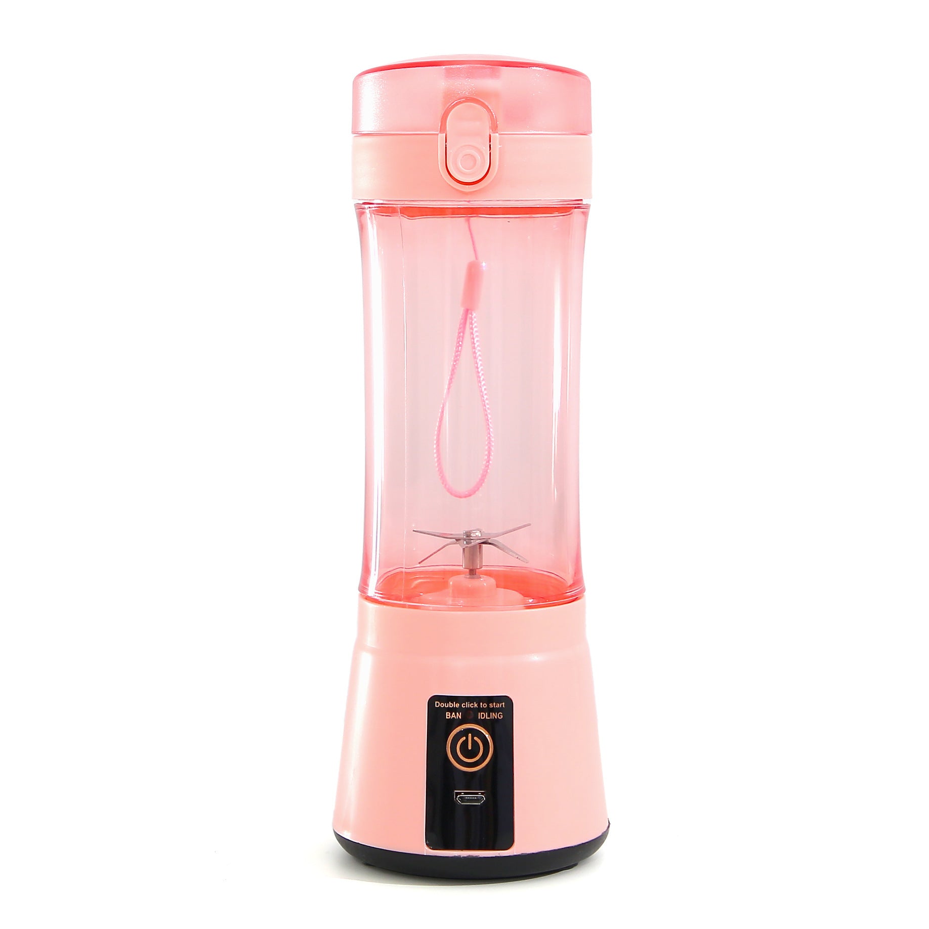 Pink portable electric fruit juicer with clear blending cup and pink lid