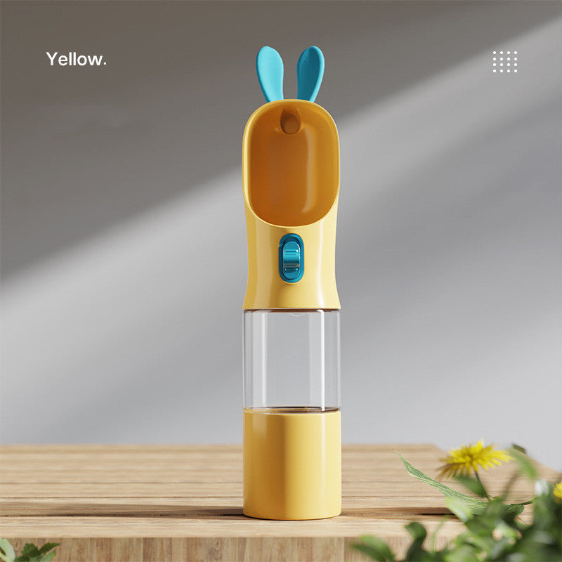 Pet water travel bottle in yellow; clear chamber with yellow bottom and blue button