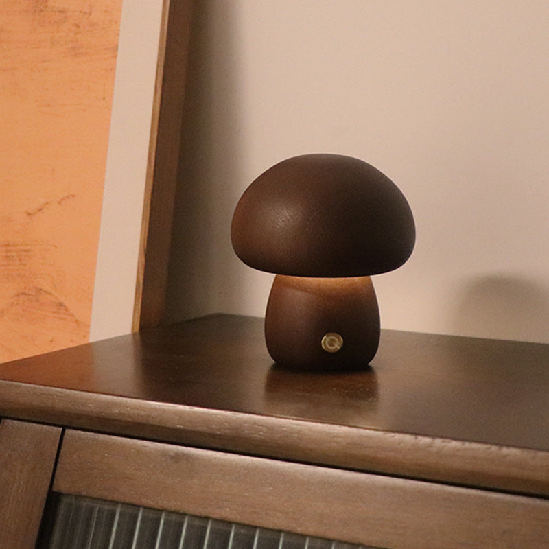 Wooden mushroom LED night light with touch switch, dark brown cap and base
