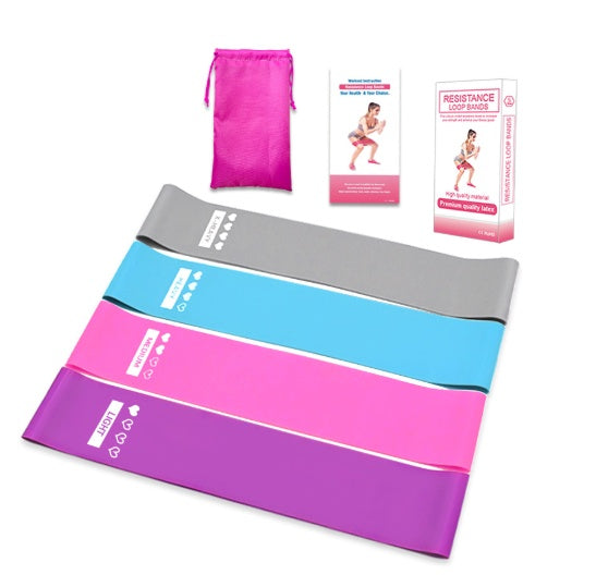 Resistance band set in purple, pink, and gray with carrying pouch and product boxes