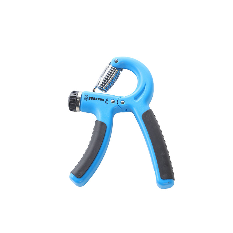 Light blue hand grip finger exerciser with silver spring and dark grips