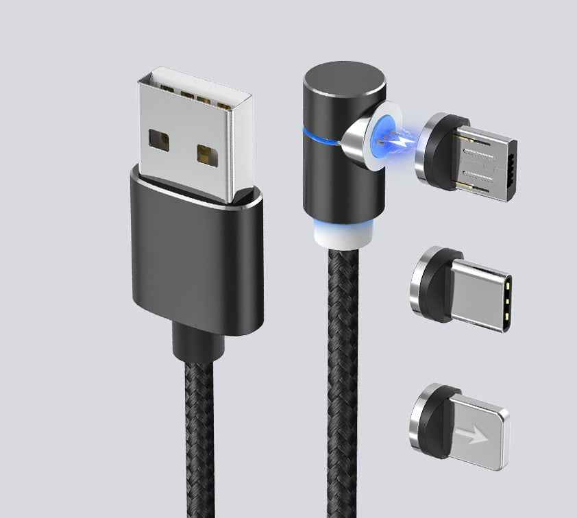 Black magnetic charging cable with multiple USB adapter ends and braided cord