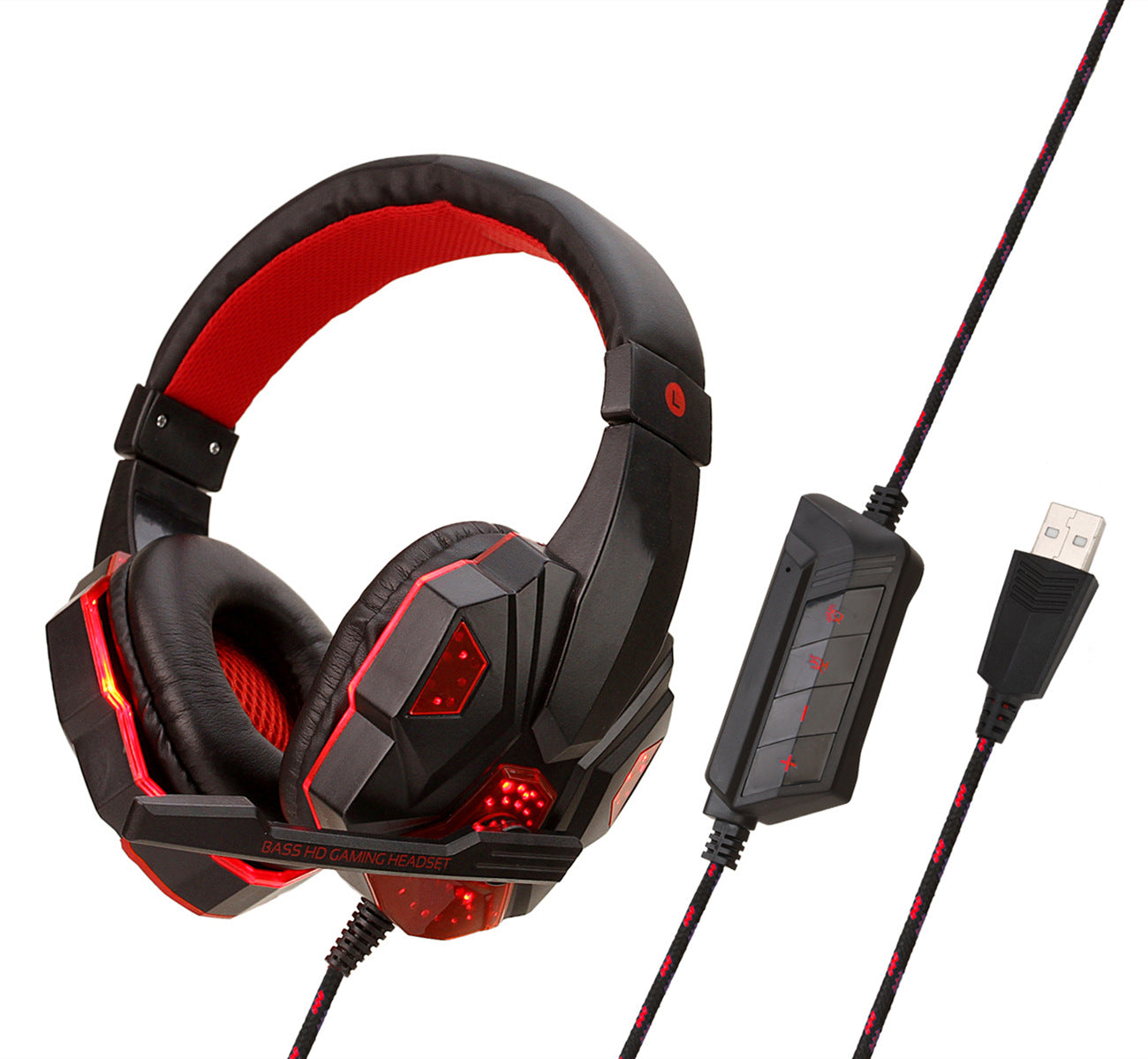 Black and red over-ear headphones with USB cable and inline control box