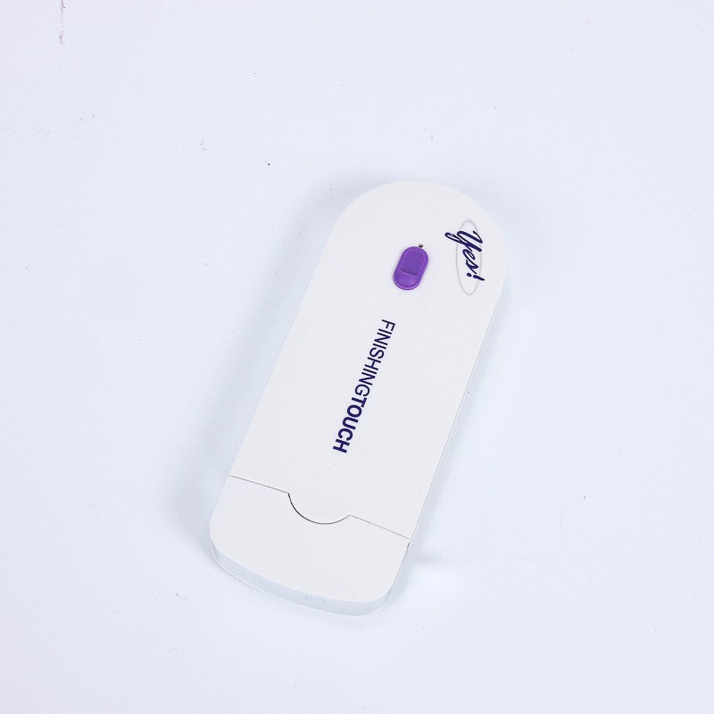 Hair removal shaver body, white with purple button and rounded top loop