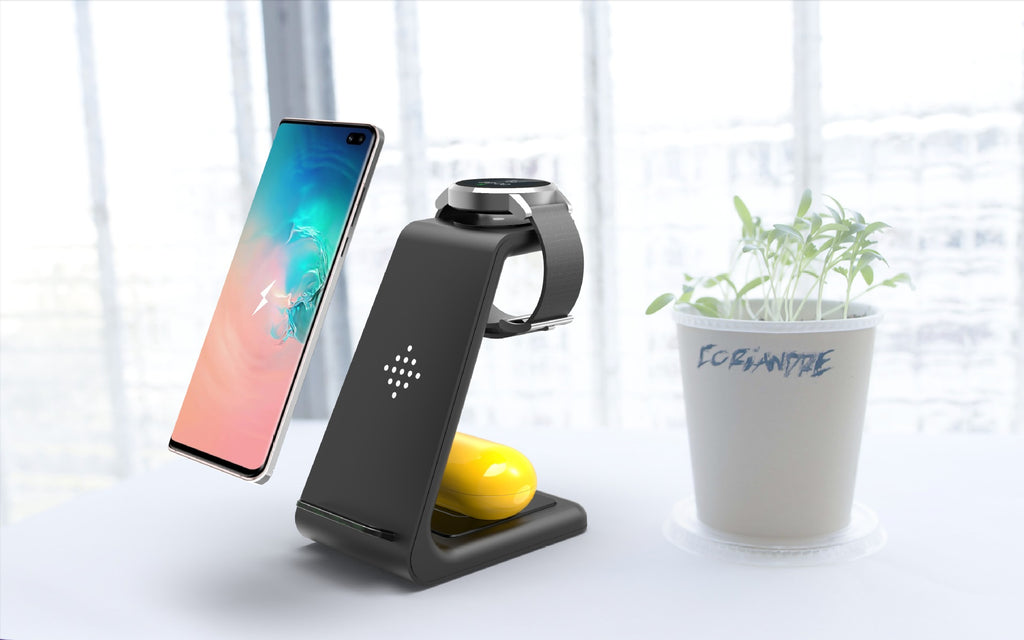 Wireless phone charger stand with phone cradle and LED indicator, dark finish.